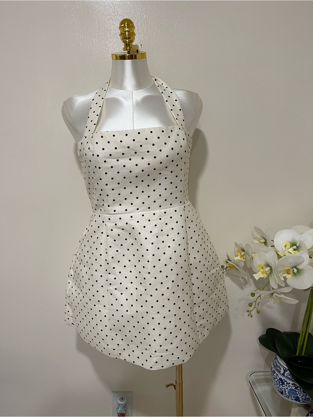 Showpo White Halter Mini Dress with Black Polka Dots